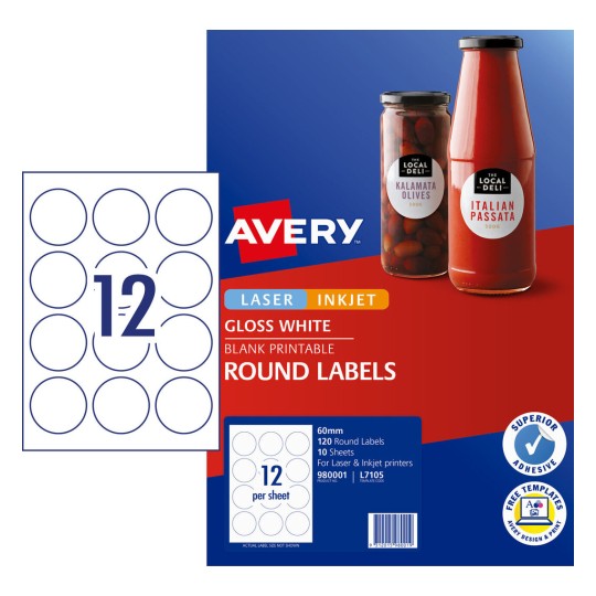 LABEL AVERY L7105 WHITE GOSSY ROUND 60MM 12UP PK10