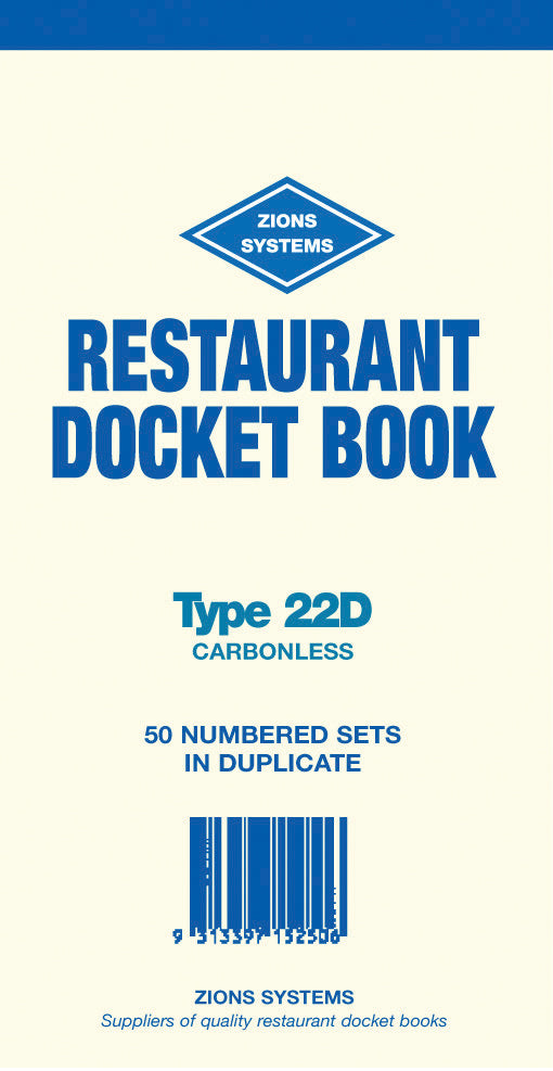 DOCKET BOOK ZIONS RESTAURANT 22D DUPLICATE CARBONLESS