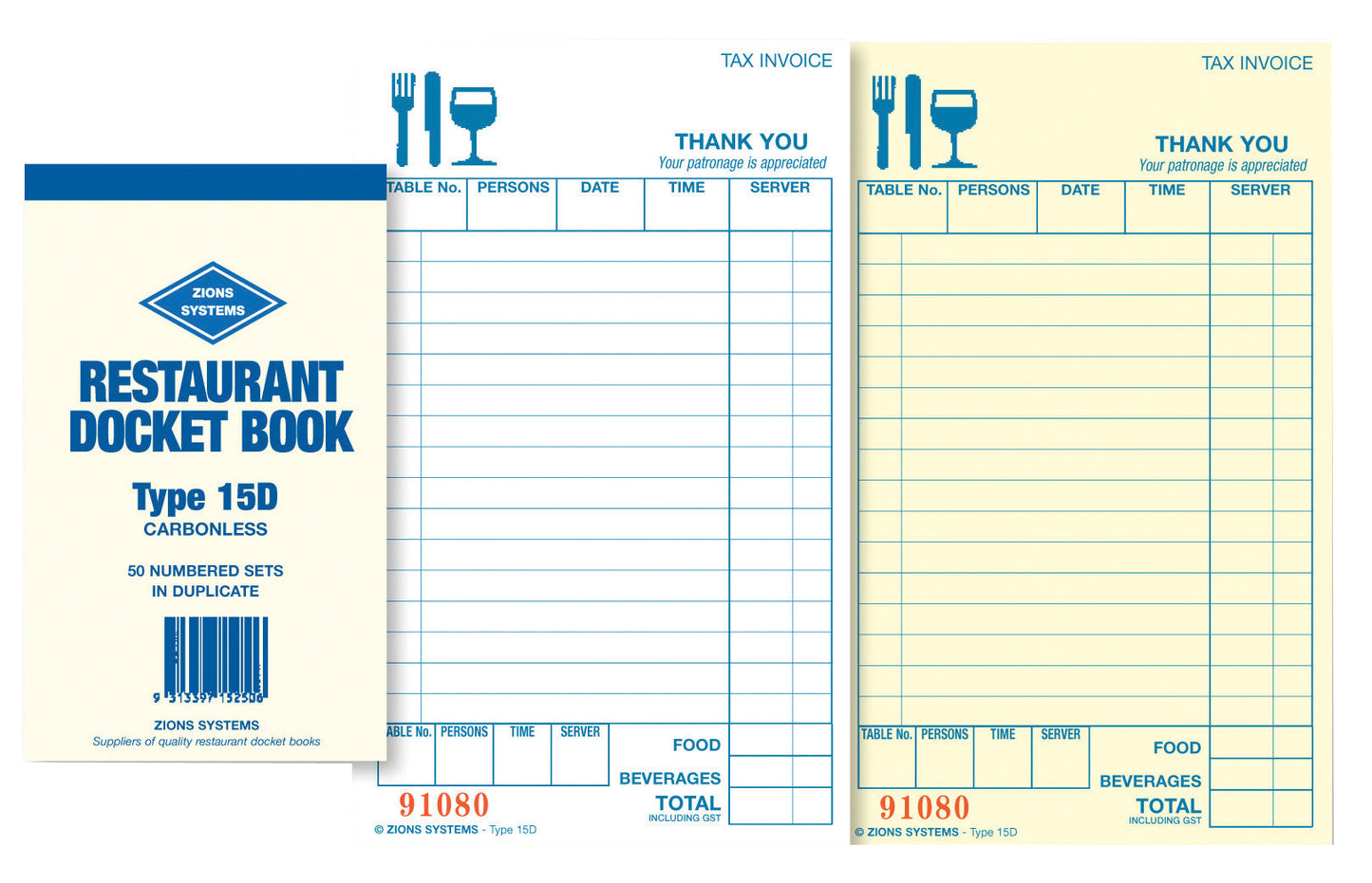 DOCKET BOOK ZIONS RESTAURANT 15D DUPLICATE CARBONLESS