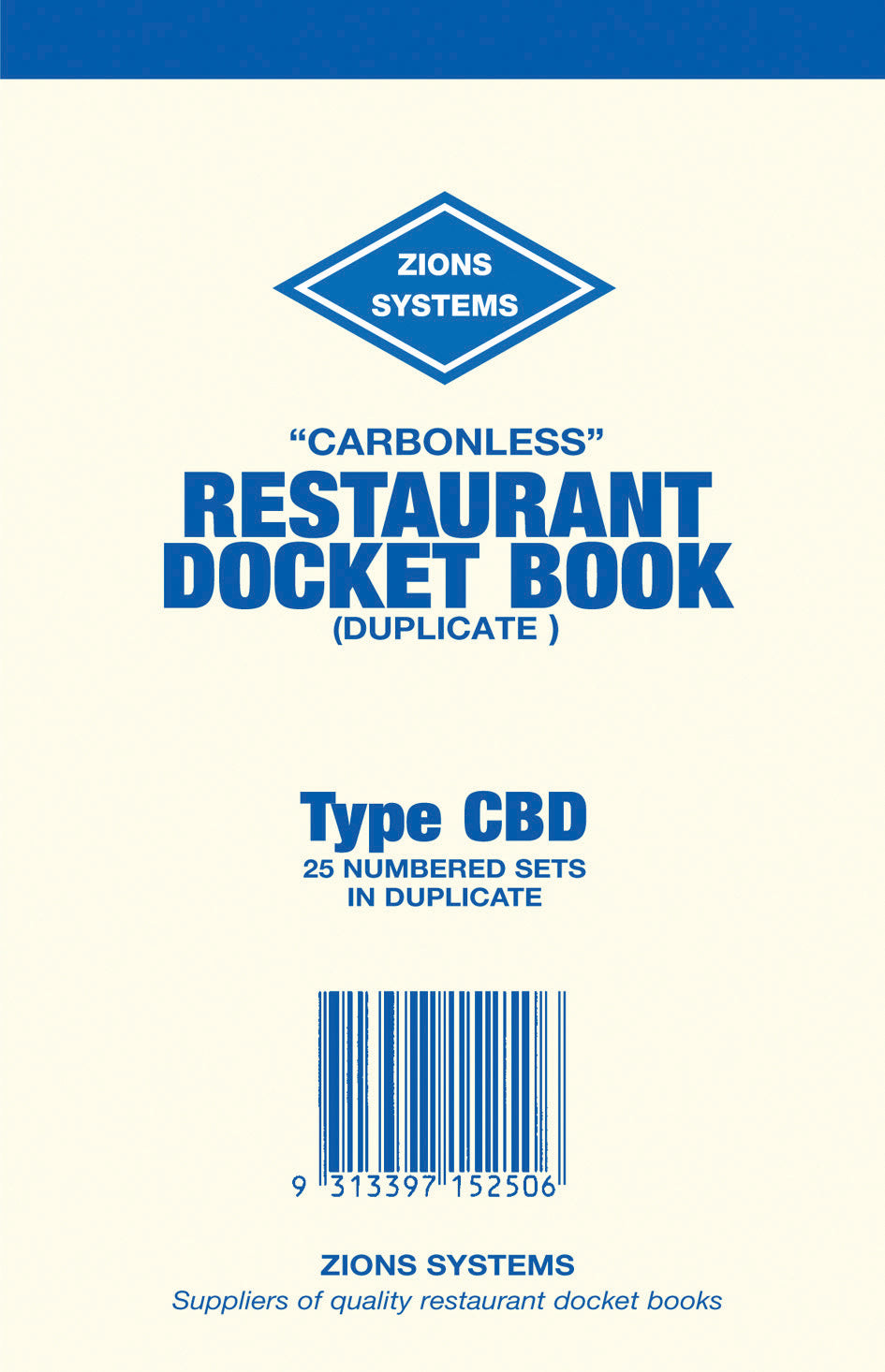 DOCKET BOOK ZIONS RESTAURANT CBD DUP C/LESS
