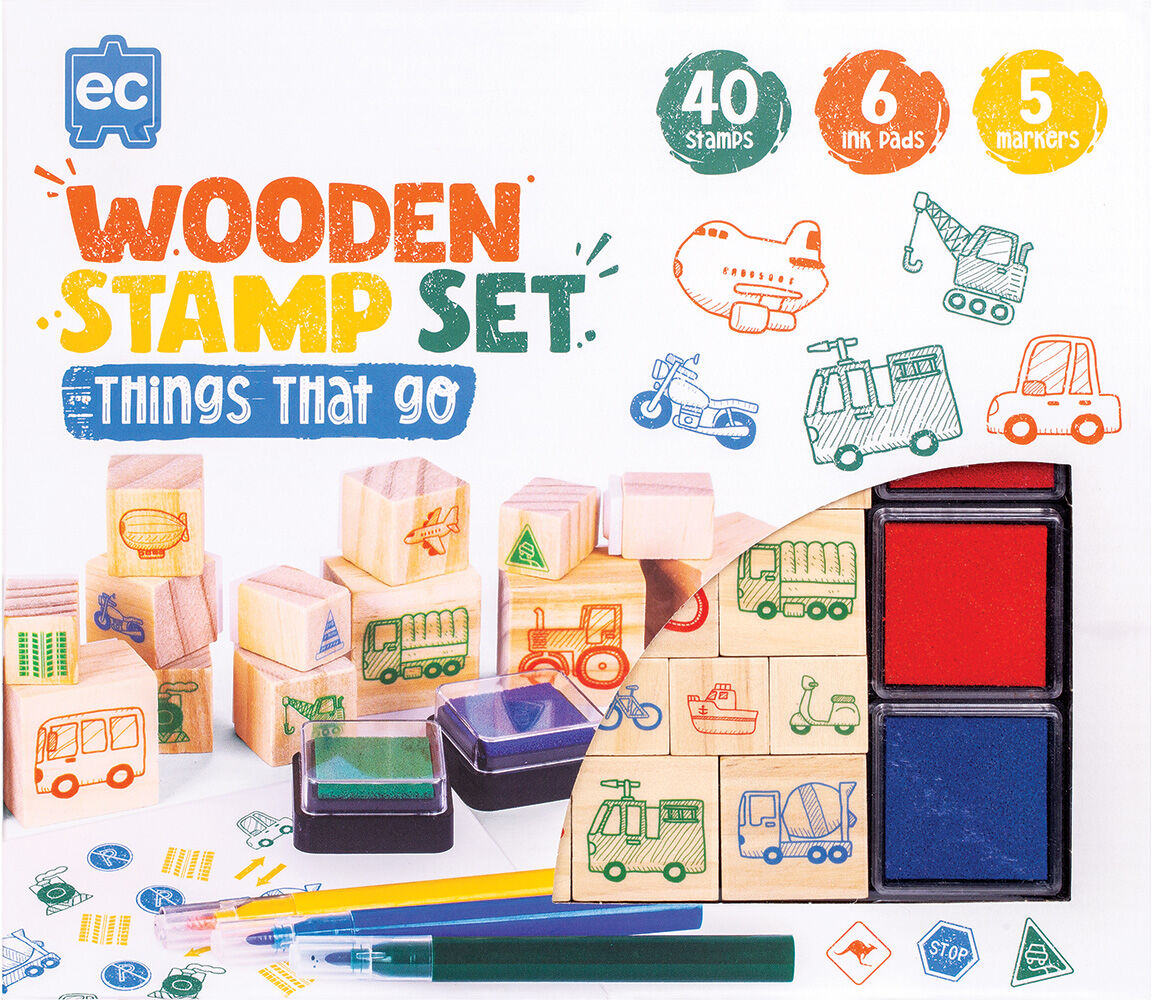 EDUCATIONAL COLOURS WOODEN STAMP SET 51PC THINGS THAT GO