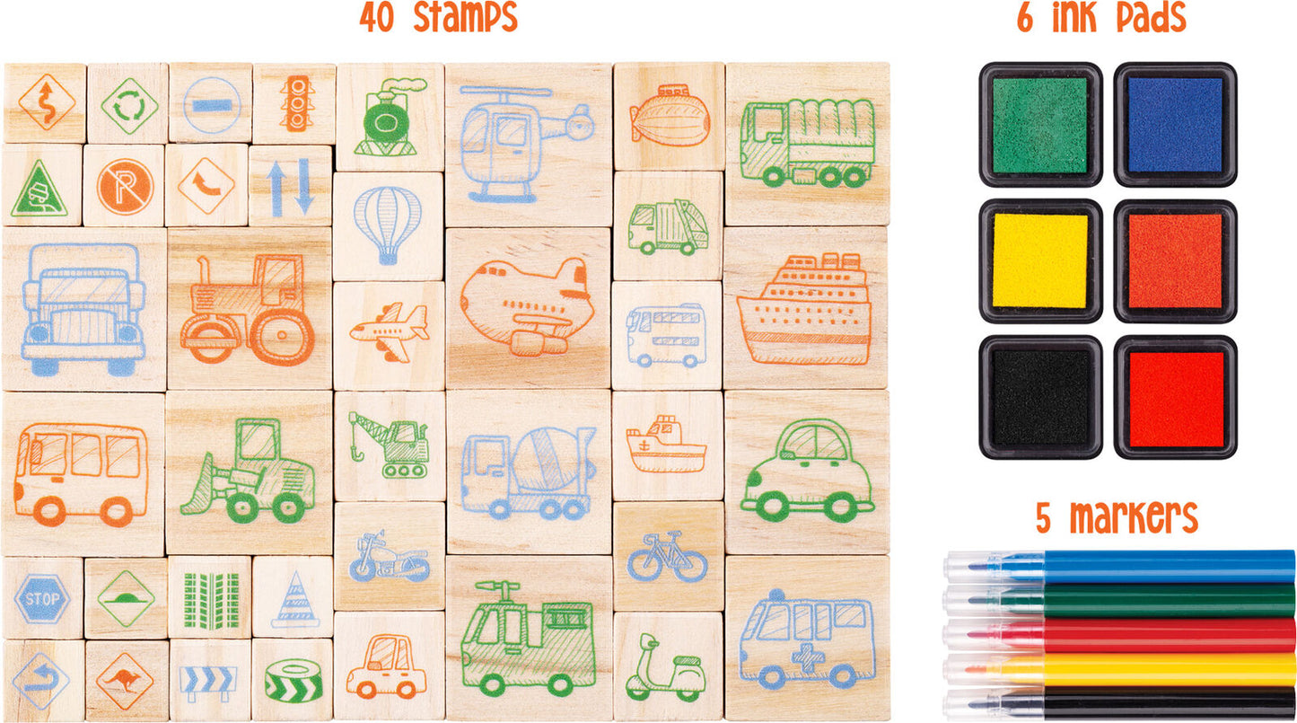 EDUCATIONAL COLOURS WOODEN STAMP SET 51PC THINGS THAT GO