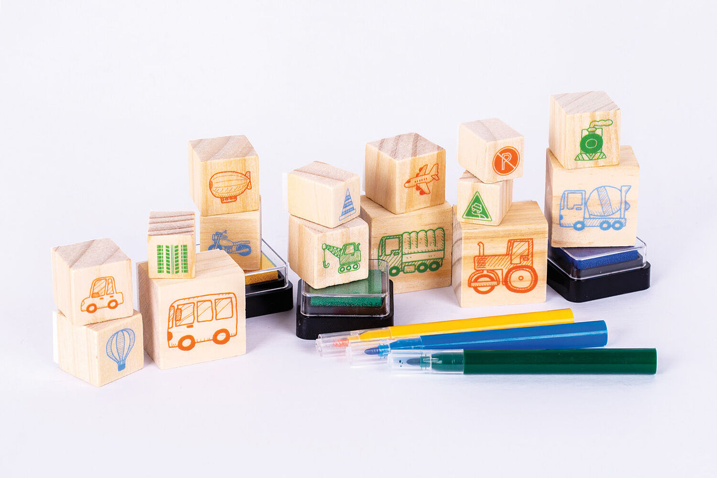 EDUCATIONAL COLOURS WOODEN STAMP SET 51PC THINGS THAT GO