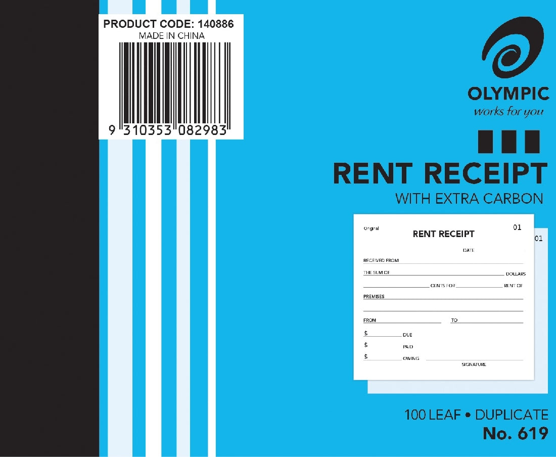 RENT RECEIPT BOOK 619 OLYMPIC DUP 5X4