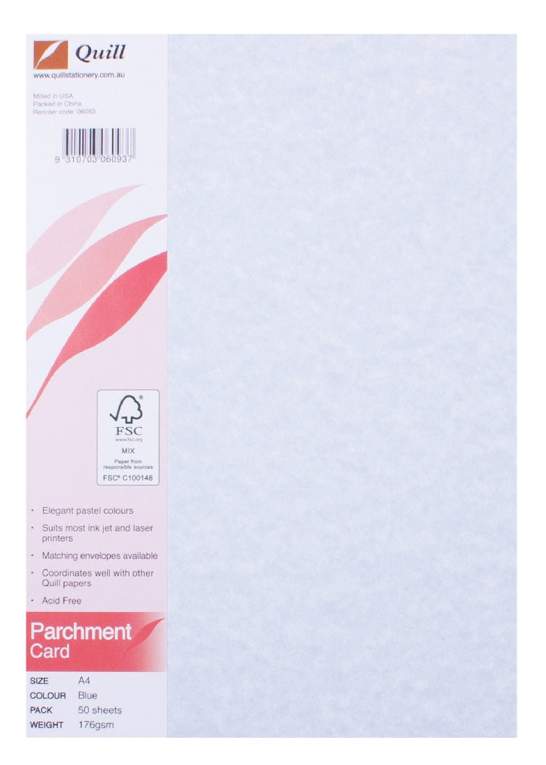 CARD PARCHMENT QUILL A4 176GSM BLUE PK50