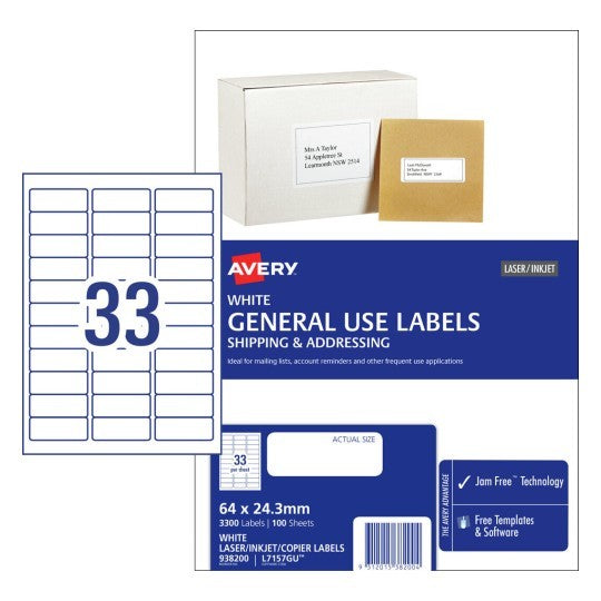 LABEL AVERY 33 PER SHEET BOX 100 SHEETS