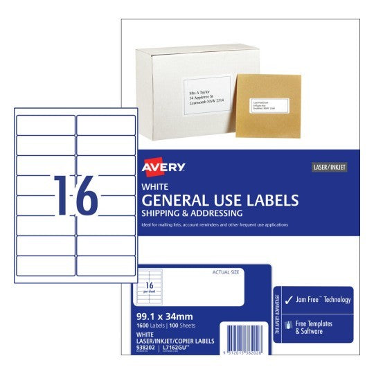 LABEL AVERY 16 PER SHEET BOX 100 SHEETS