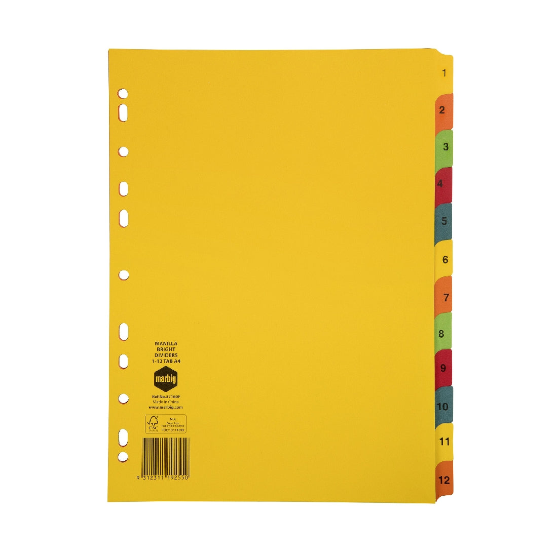 DIVIDERS MARBIG A4 MANILLA BRIGHTS 1-12