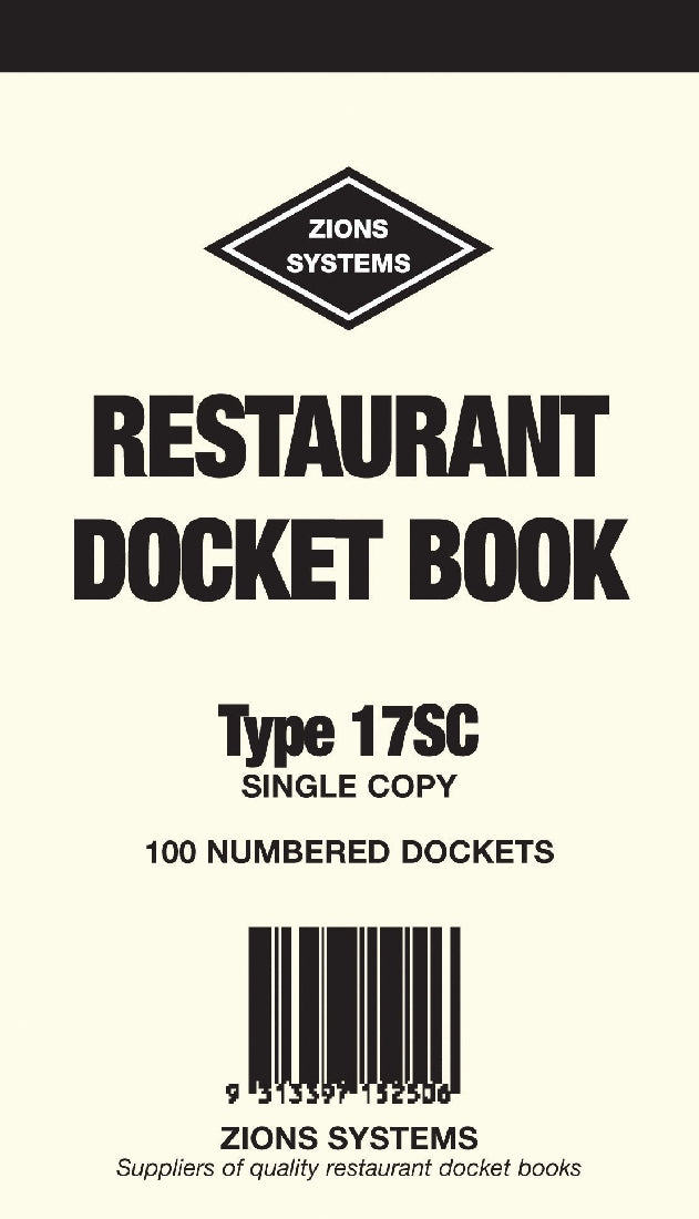 RESTAURANT DOCKET BOOK ZIONS 17SC SINGLE COPY