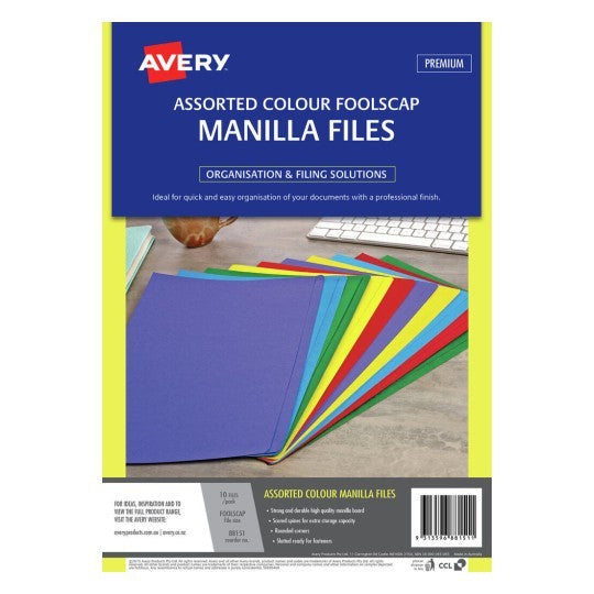 MANILLA FOLDER AVERY F/C ASST COLS PK10