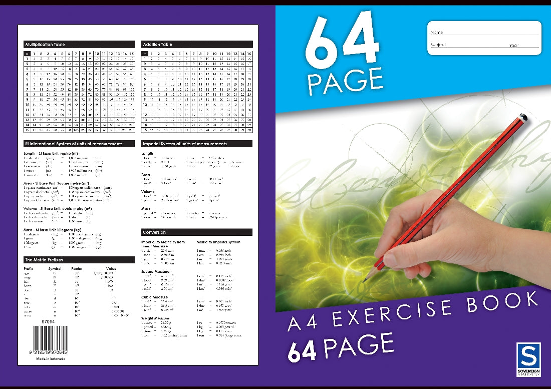 EXERCISE BOOK SOVEREIGN A4 8MM RULED 64 PAGE