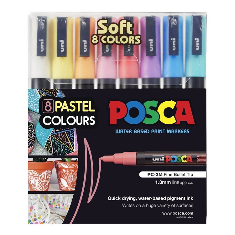 MARKER UNI POSCA PC3M BULLET TIP SOFT COLOURS ASST WALLET 8