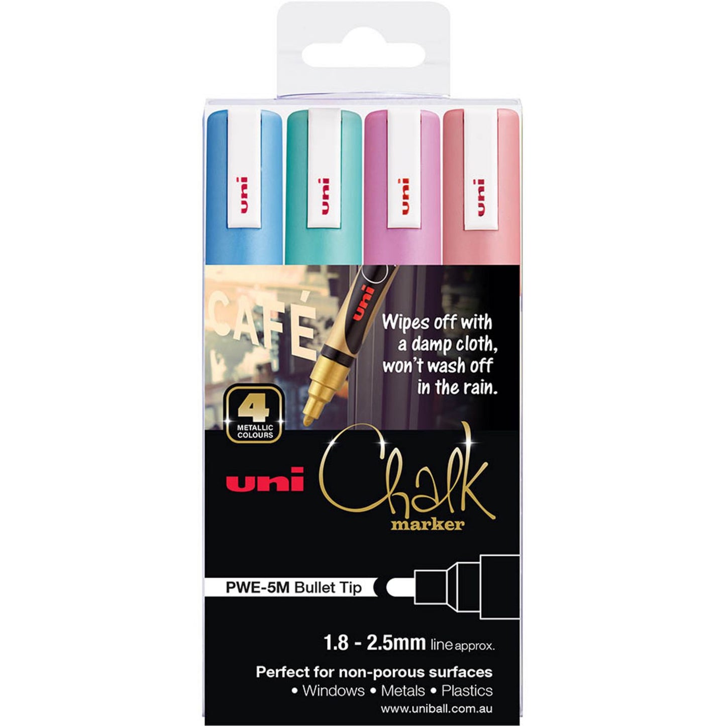 MARKER CHALK UNI 1.8MM-2.5MM PWE5M BULLET TIP METALLIC ASST PK4