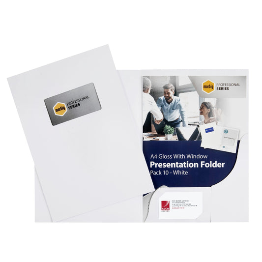 PRESENTATION FOLDER MARBIG A4 W/WINDOW GLOSS WHITE 10'S