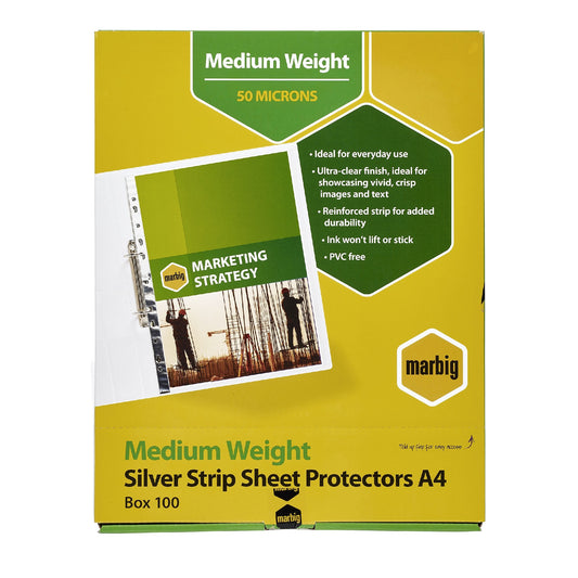 SHEET PROTECTORS MARBIG A4 SILVER EDGE DELUXE CLEAR 50 MICRON BOX 100