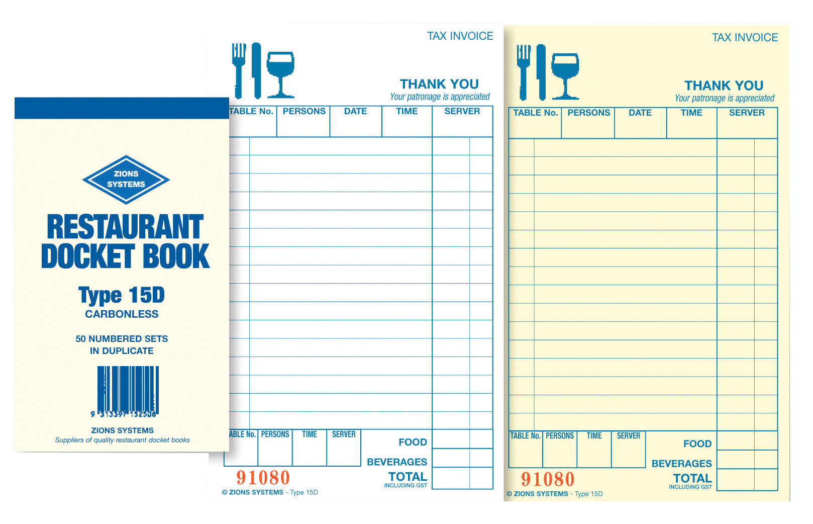 DOCKET BOOK ZIONS RESTAURANT 15D DUPLICATE CARBONLESS