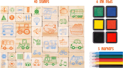 EDUCATIONAL COLOURS WOODEN STAMP SET 51PC THINGS THAT GO