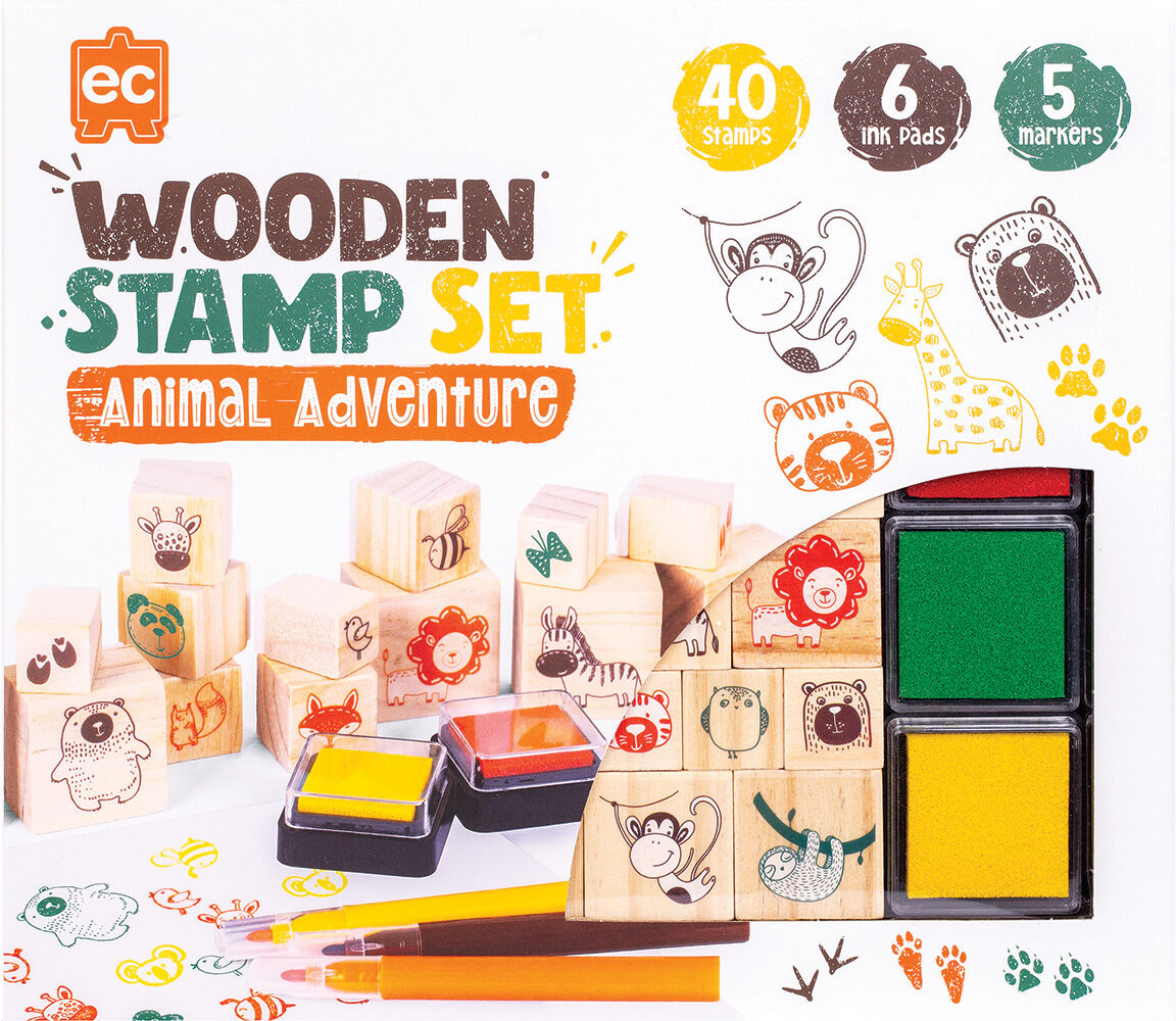EDUCATIONAL COLOURS WOODEN STAMP SET 51PC ALL ABOUT ANIMALS