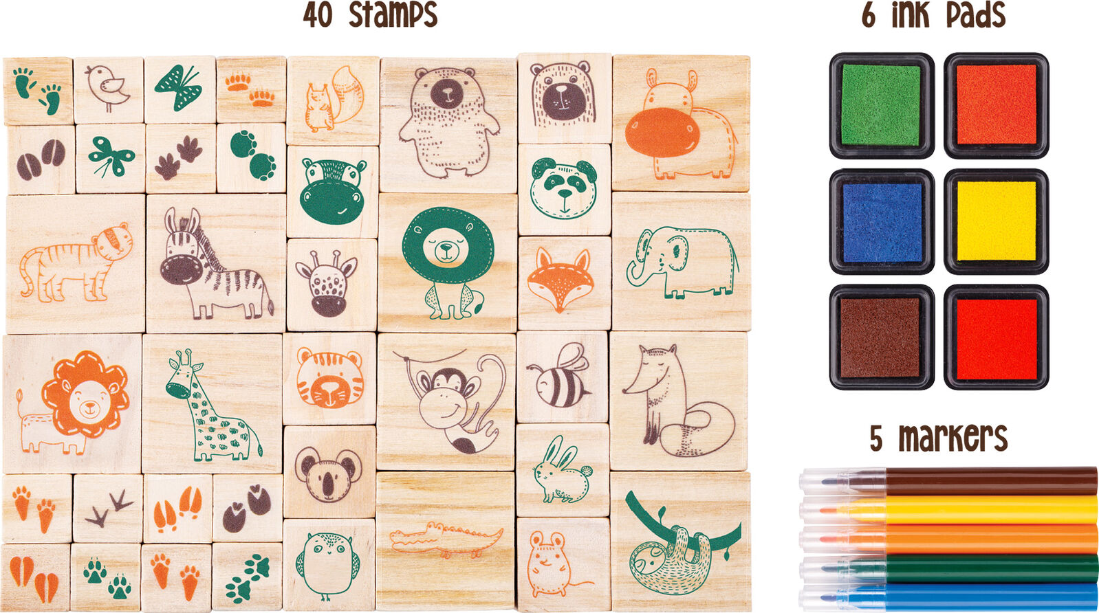 EDUCATIONAL COLOURS WOODEN STAMP SET 51PC ALL ABOUT ANIMALS