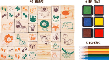 EDUCATIONAL COLOURS WOODEN STAMP SET 51PC ALL ABOUT ANIMALS
