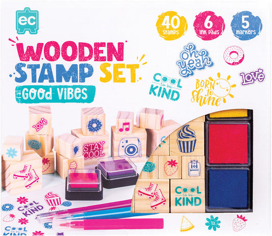EDUCATIONAL COLOURS WOODEN STAMP SET 51PC GOOD VIBES