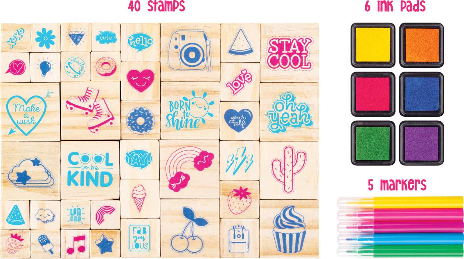 EDUCATIONAL COLOURS WOODEN STAMP SET 51PC GOOD VIBES