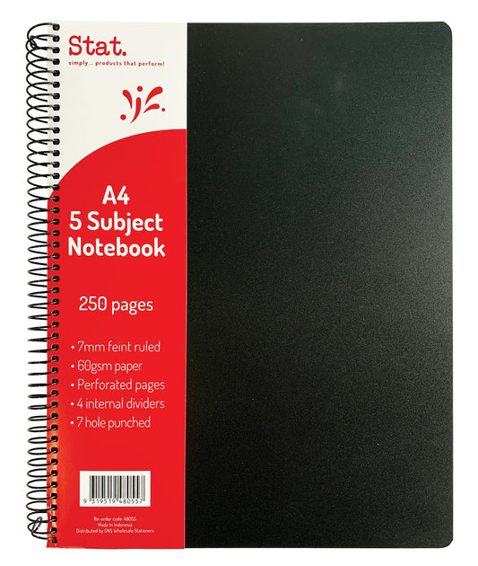 NOTEBOOK STAT A4 5 SUBJECT 60GSM 7MM BLACK 250PAGE