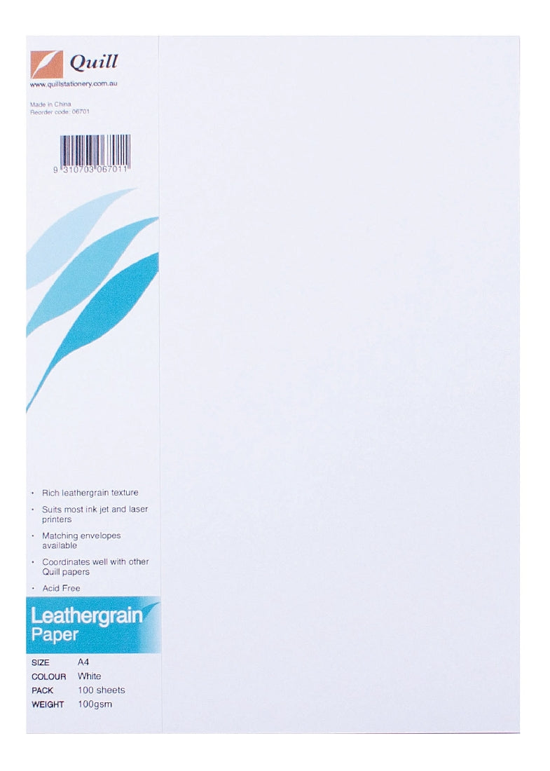 PAPER QUILL A4 LEATHERGRAIN WHITE 100GSM PK100
