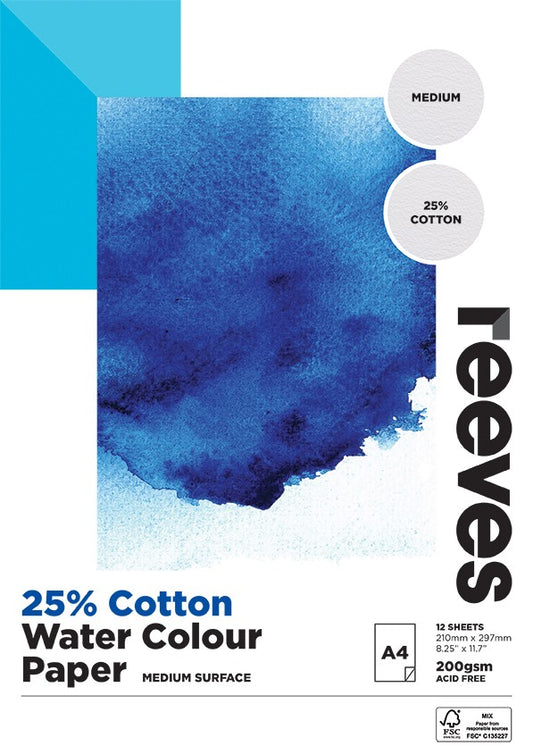 REEVES WATERCOLOUR PAPER 25PCT COTTON 200GSM A4 PAD