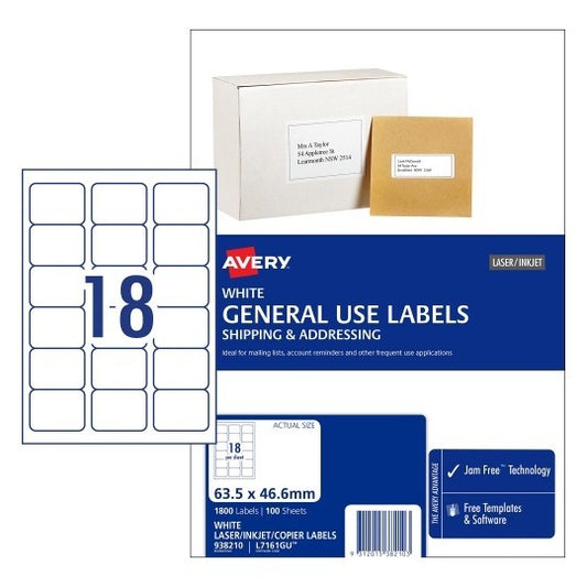 LABEL AVERY COPIER/LASER L7161GU 18UP BX100