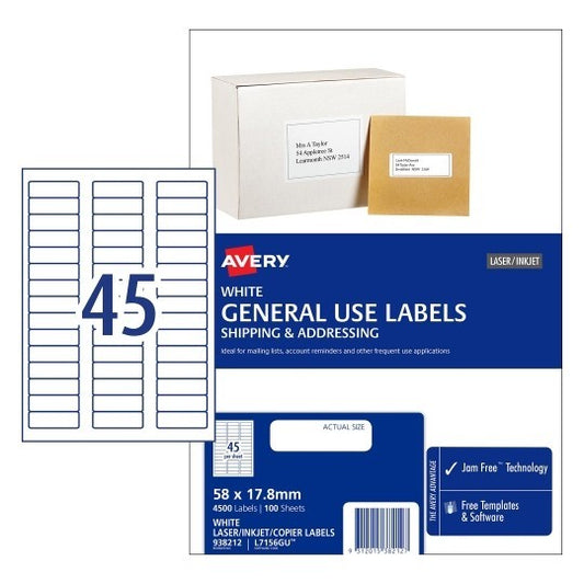 AVERY LABEL COPIER/LASER L7156GU 58X17.8 45UP PK100