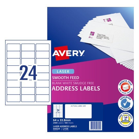 LABEL AVERY LASER SMOOTH FEED L7159 24UP 64X33.8MM PK100