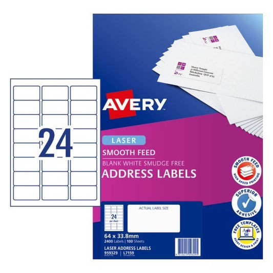 LABEL AVERY LASER SMOOTH FEED L7159 24UP 64X33.8MM PK100