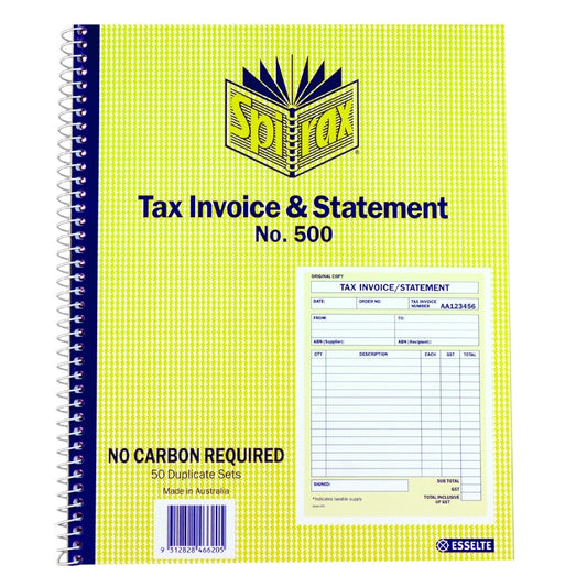 SPIRAX INVOICE STATMENT BOOK 500 DUPLICATE 10X8 50LF