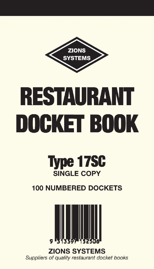 RESTAURANT DOCKET BOOK ZIONS 17SC SINGLE COPY
